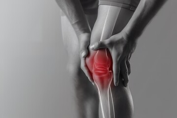 Close-up of a man's hands holding his painful knee with highlighted red area showing the injury, concept for medical, healthcare, and physiotherapy websites or brochures