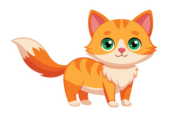 An adorable cartoon illustration of a smiling, orange tabby cat with green eyes standing on a white background.