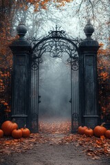 Mysterious ornate gate entrance in a autumn garden with pumpkins