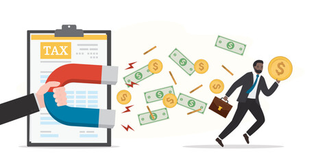 Time to pay taxes. businessman running away with money. unwillingness to pay taxes. Inspector hand uses magnet to attract money. Financial obligations, taxation slavery.