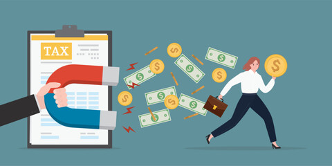 Time to pay taxes. Taxpayer, businesswoman running away with money. unwillingness to pay taxe. Inspector hand uses magnet to attract money. Financial obligations,