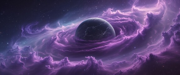 Majestic Purple Nebula Swirling Around a Dark Planet in Deep Space