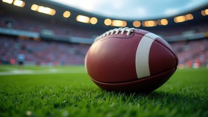 American football close-up on grass field in stadium setting