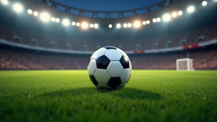 Soccer ball on field under stadium lights in large outdoor soccer arena
