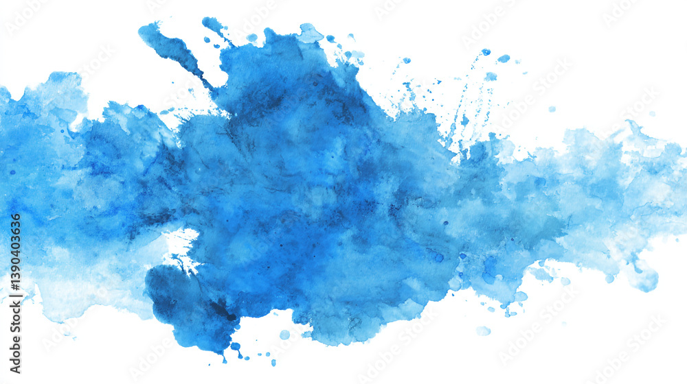 Poster a watercolor splash of blue hues with splatters on a white background creating an abstract design