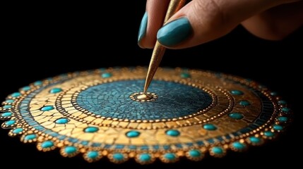 Golden artistry on a turquoise disc