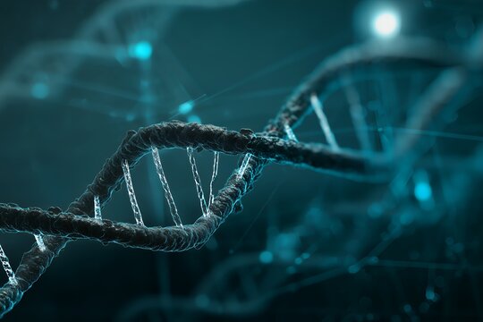 Close-up of a detailed 3D rendered DNA double helix strand against a dark teal background with glowing particles, concept for genetic research, medicine, biotechnology, and scientific presentations