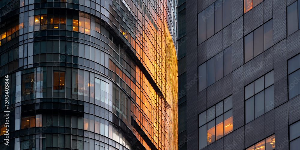 Poster curved glass skyscraper facade at dusk, contrasting with a rectangular building, showcasing warm int