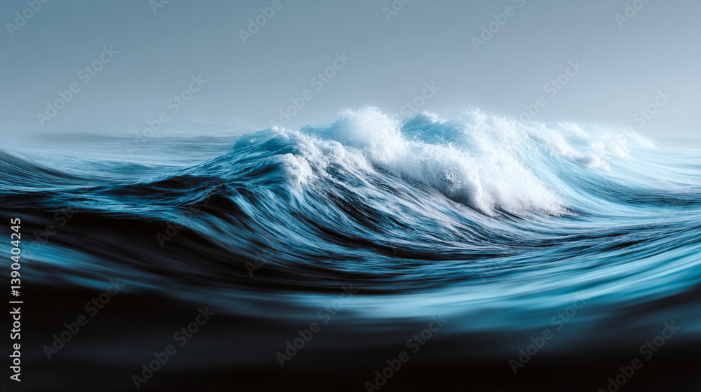 Poster a captivating view of a large ocean wave cresting under a serene and slightly overcast sky above the