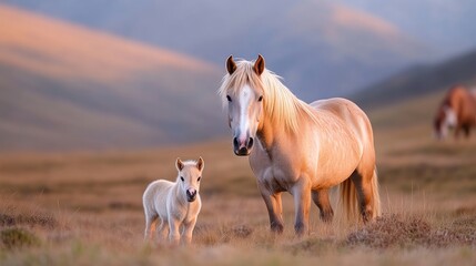Obraz premium Mother and foal horse in golden meadow