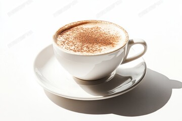 Cappuccino Coffee Cup on White Background - Warm cappuccino, frothy milk, coffee aroma, morning beverage, café culture. Symbolizing comfort, energy, relaxation, warmth, and indulgence