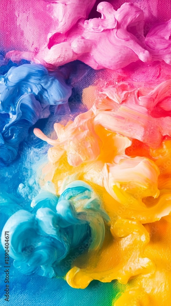 Poster vibrant watercolor explosion of rainbow colors blending and swirling in dynamic fluid motion, creati