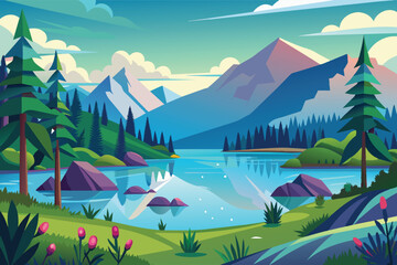 A digital illustration depicting a picturesque mountain lake scene with lush green trees, towering mountains, and rocks.