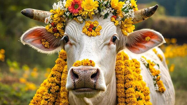 White cow with flower garland in garden, Indian traditional festival Makar Sankranti or Pongal, Lohri