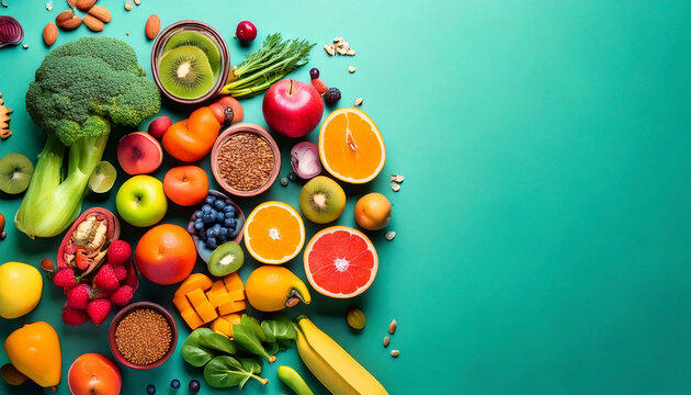 Fruits and vegetalbles elements over turquoise color background