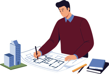 Architect at Work: An architect is engrossed in sketching architectural plans, embodying precision, dedication and the art of design with building blueprints.