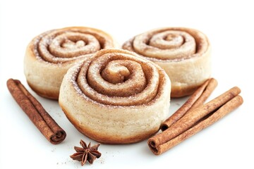 Fototapeta premium Delicious Cinnamon Rolls with Spices - Three warm, sweet cinnamon rolls dusted with powdered sugar, accompanied by cinnamon sticks and star anise