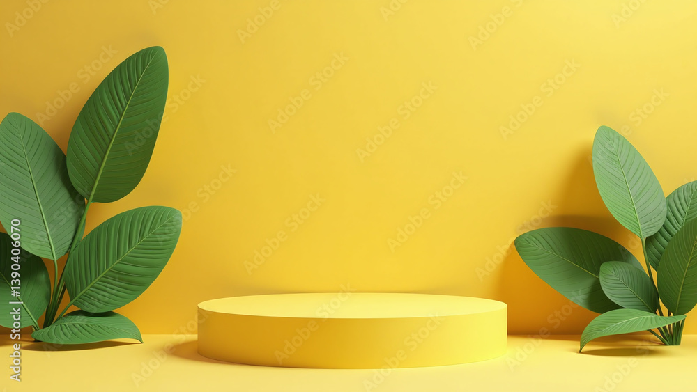 Poster yellow background features abstract minimal scene empty podium tropical setting natural textures geo