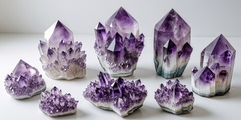 Fototapeta premium Display of Several Amethyst Clusters with Varying Sizes and Shapes.