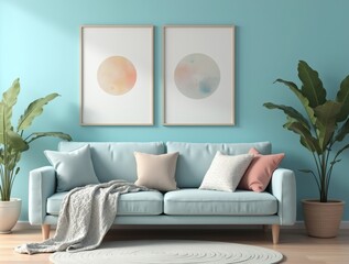 Bright modern living room with light blue sofa and plants