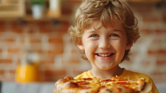 A joyful video of a child eating pizza is perfect for promoting family restaurants, children's products or entertainment programs.
