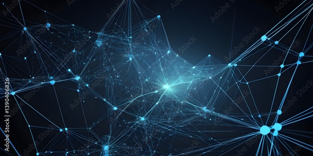 Poster abstract blue network design, interconnected points, flowing lines create depth, modern technology c