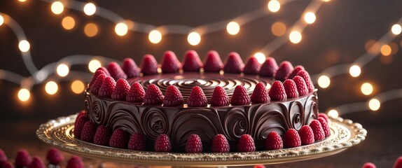 Sensual Chocolate Raspberry Cake with Decorative Lights