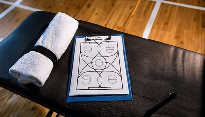A towel rests beside a clipboard showcasing a tactical game plan in a gymnasium setting.