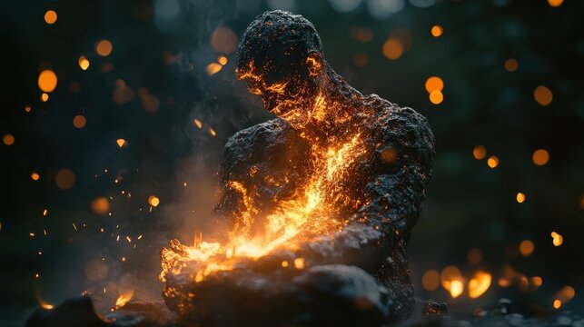 A fiery humanoid figure sits engulfed in intense glowing flames
