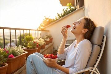 Happy woman eating a fresh strawberry on a sunny balcony. (Strawberry)