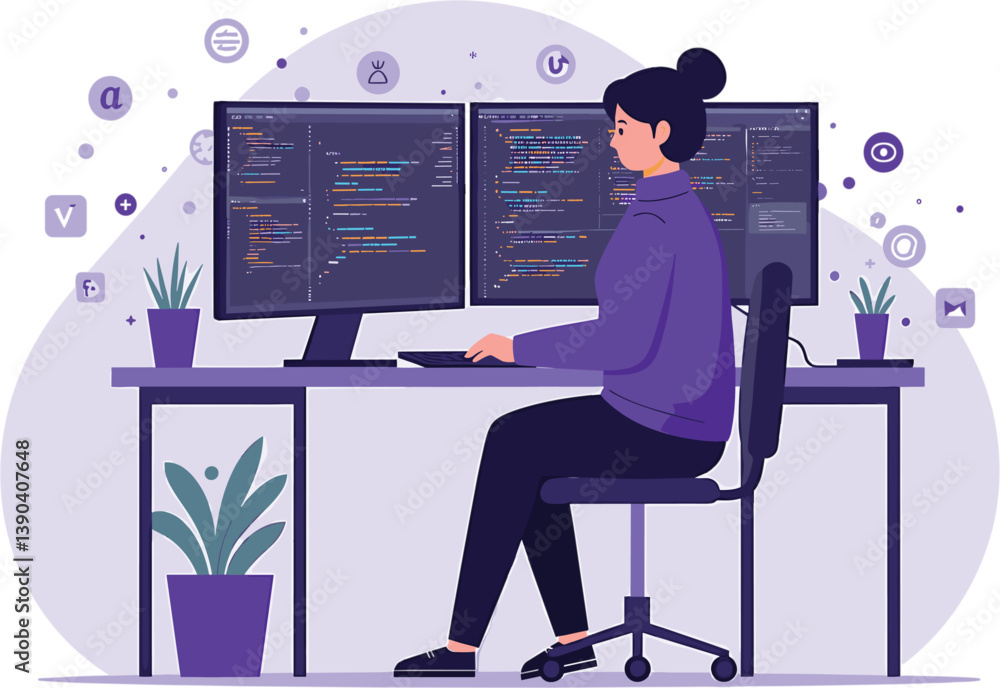 Fototapete code wizard at work: a modern illustration captures a coder intensely focused on her work, with vibr