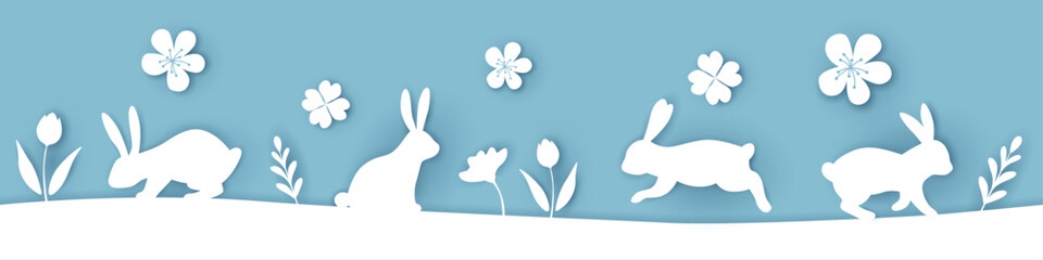 Beautil seamless vector paper cut landscape with Easter bunny and flowers.