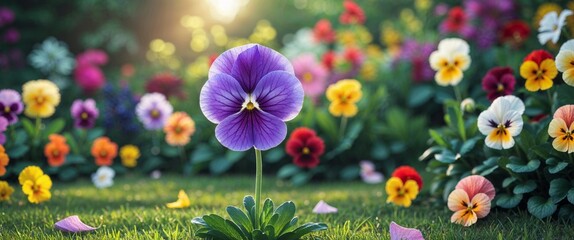 Purple pansy flower blooming in a colorful garden