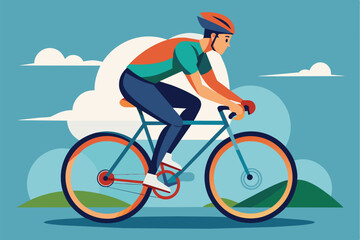 Obraz premium Illustration of a man riding a bicycle outdoors on a bright sunny day with blue skies and clouds.