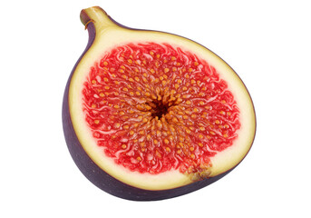 A close up view of a fig cut in half showing the inside with seeds isolated on transparent background