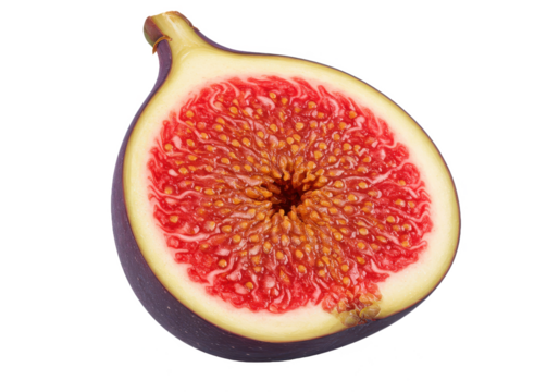 A close up view of a fig cut in half showing the inside with seeds isolated on transparent background