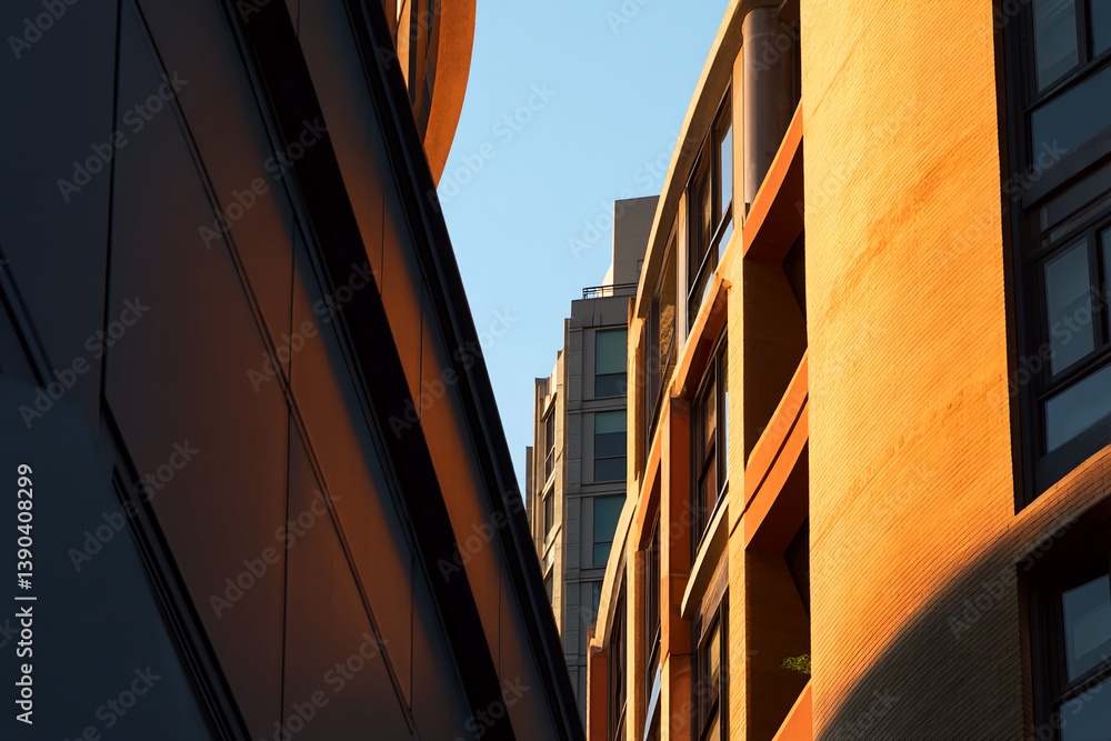 Poster golden hour light illuminates dark and orange building facades, creating a striking contrast in arch