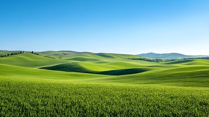 Fototapeta premium Rolling green hills under a clear blue sky. (2)