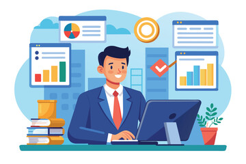 An animated businessman happily working on laptop with financial charts displayed, exuding confidence and hinting at success.