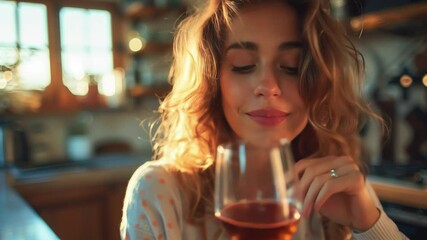 A video of a girl enjoying a glass of wine is perfect for advertising restaurants, cafes, wine tastings or romantic scenes.
