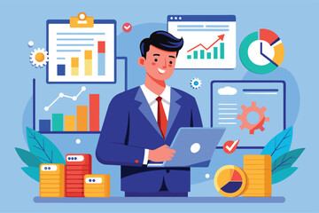 Fototapeta premium Illustration of a businessman analyzing data and financial charts on his laptop, surrounded by charts, graphs, and financial indicators.