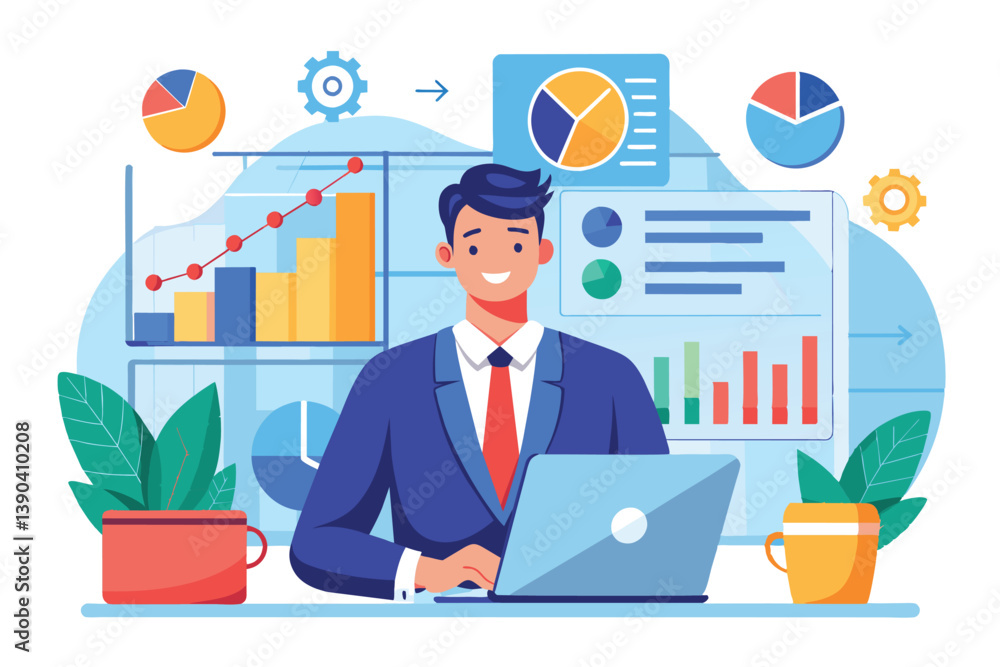 Poster a smiling businessman in a suit sits at a desk, analyzing charts and graphs on a laptop. hes surroun