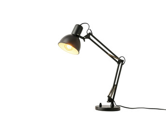 A floating desk lamp with an adjustable arm, on a solid white background