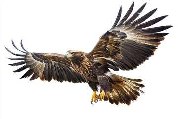 Obraz premium Majestic Eagle in Flight on White - A powerful eagle with wings spread wide, symbolizing freedom, power, vision, majesty, and wilderness. A stunning, high-resolution perfect for nature lovers