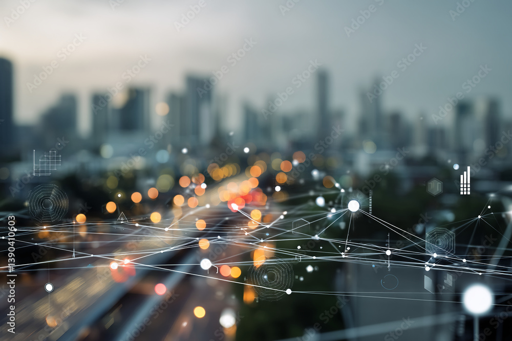 Poster blurred cityscape at night with superimposed network graphic, symbolizing global connectivity, digit