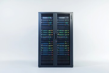Modern Data Center Server Rack - A sleek, modern server rack stands against a white background, showcasing its technological capabilities. Ideal for tech-related content