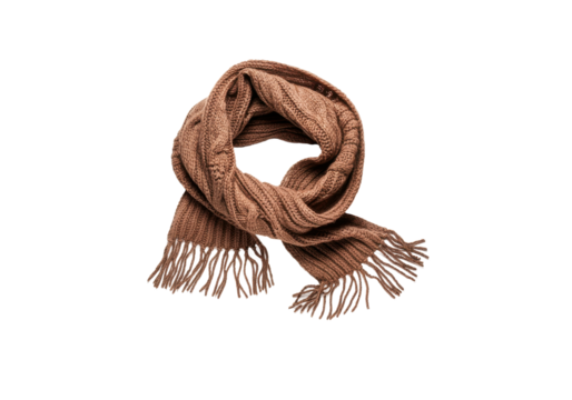 A floating knitted scarf in warm autumn colors, on a solid white background