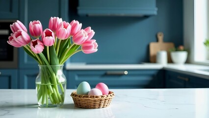 Obraz premium Bouquet of beautiful pink tulups in vase, marble table top, pastel eggs in basket, blur minimalistic scandinavian kitchen interior background, montage product display or design key visual layout