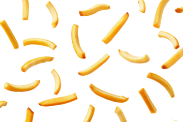 Falling french fries isolated on transparent background.