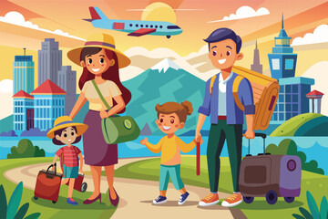 Cartoon family walking near city with mountains in the background, carrying luggage while an airplane flies above.
